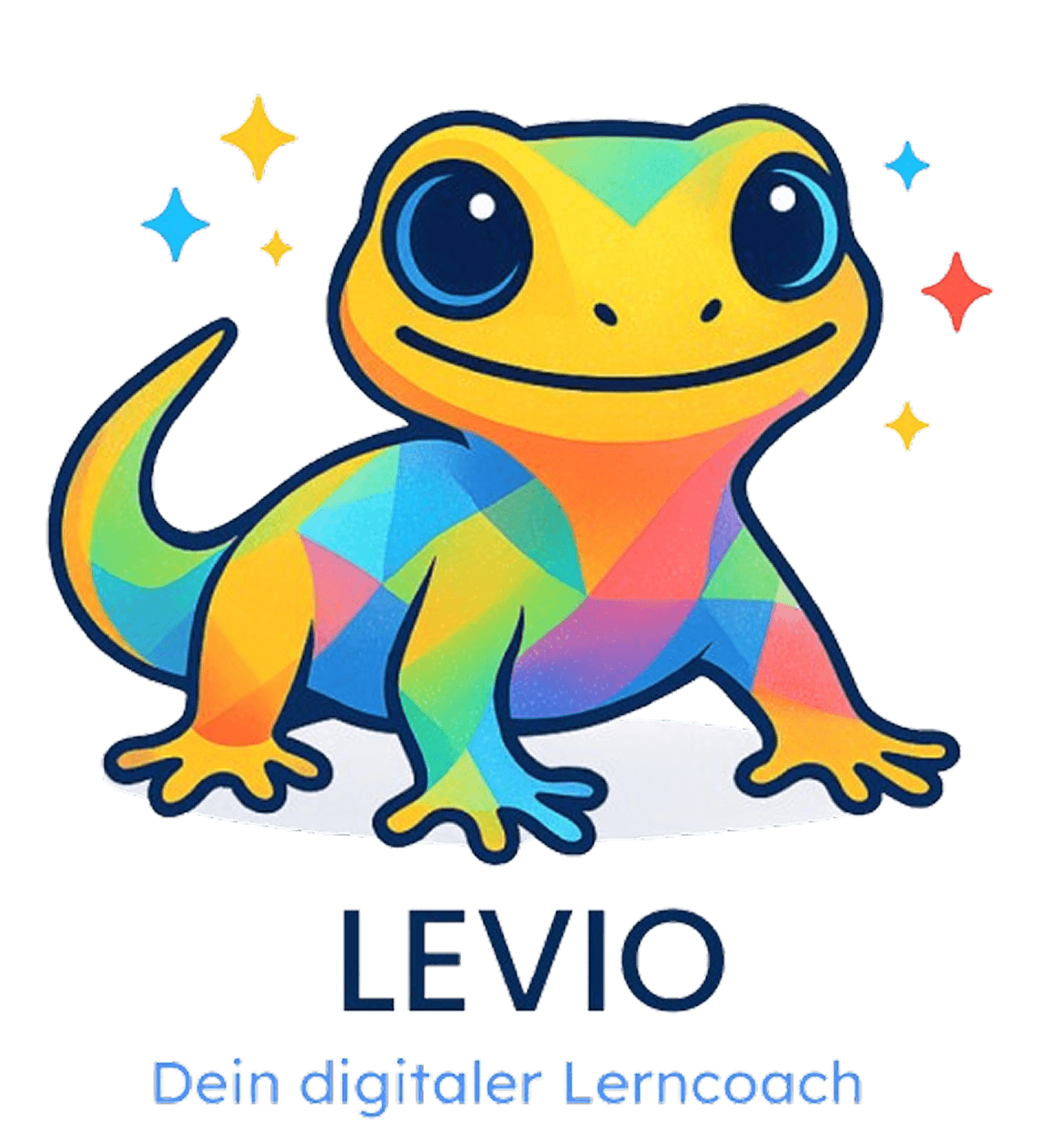 Ein bunter Cartoon-Gecko mit großen Augen sitzt lächelnd da. Der Text darunter lautet 'LEVIO' und 'Dein digitaler Lerncoach'. Blaue, gelbe, orange und rosa geometrische Muster bedecken den Körper des Geckos. Um ihn herum erscheinen Glitzersteine.