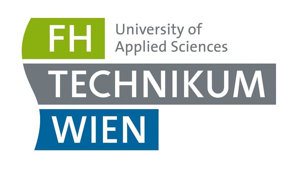 Logo der FH Technikum Wien, Hochschule für angewandte Wissenschaften. Das Logo besteht aus grünen, grauen und blauen Blöcken mit weißem Text: FH in grün, TECHNIKUM in grau und WIEN in blau, sowie grauer Text rechts daneben.