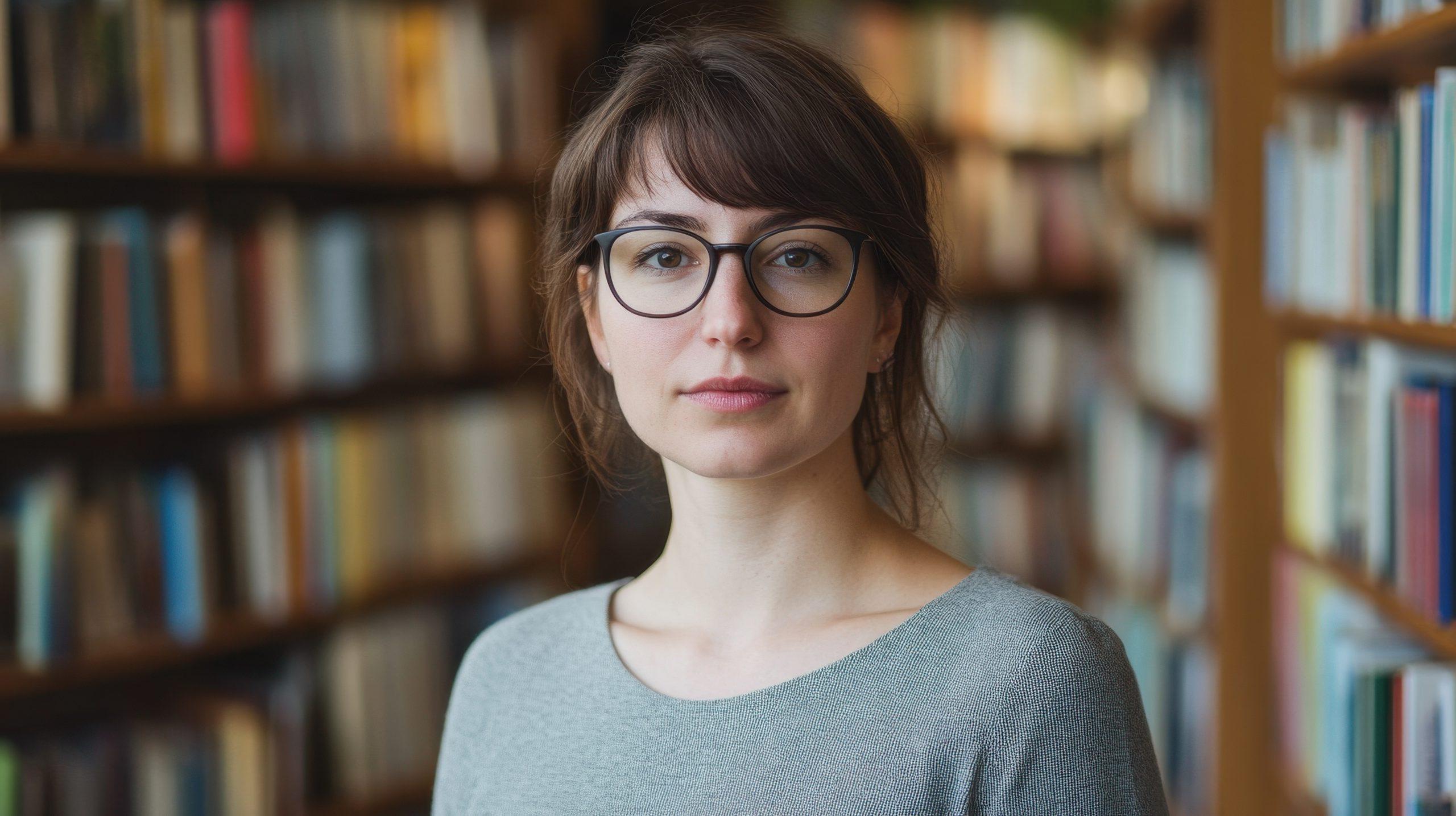 Frau in ihren 30ern vor Bücherwand