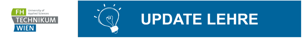 Links das Logo der FH Technikum Wien, rechts ein blaues Rechteck mit einem weißen Glühbirnensymbol und dem Text UPDATE LEHRE.