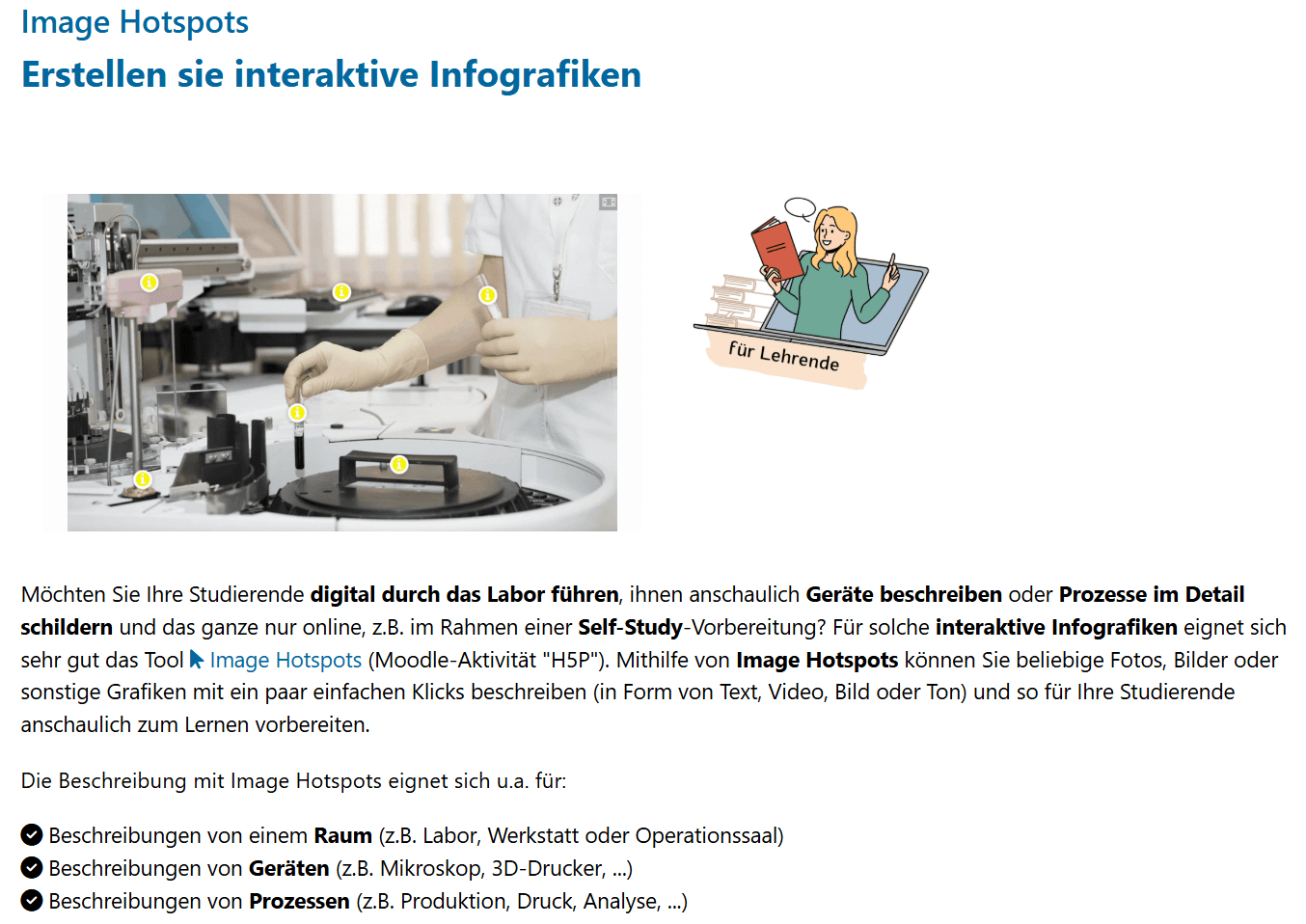 Eine Person in einem Laborkittel benutzt medizinische Geräte in einem Labor. Auf einem Computerbildschirm sind interaktive Elemente zu sehen. Ein Symbol mit dem Text 'Für Lehrende' ist abgebildet.