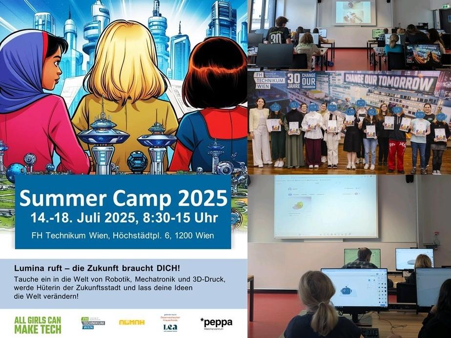 Collage zur Werbung für das Sommercamp 2025 an der FH Technikum Wien. Enthält Veranstaltungsdetails, Mädchen, die Roboter zusammenbauen, programmieren, Projekte präsentieren, und Logos für Technik- und Diversitätsinitiativen. Der Text auf Deutsch ermutigt zur Teilnahme.