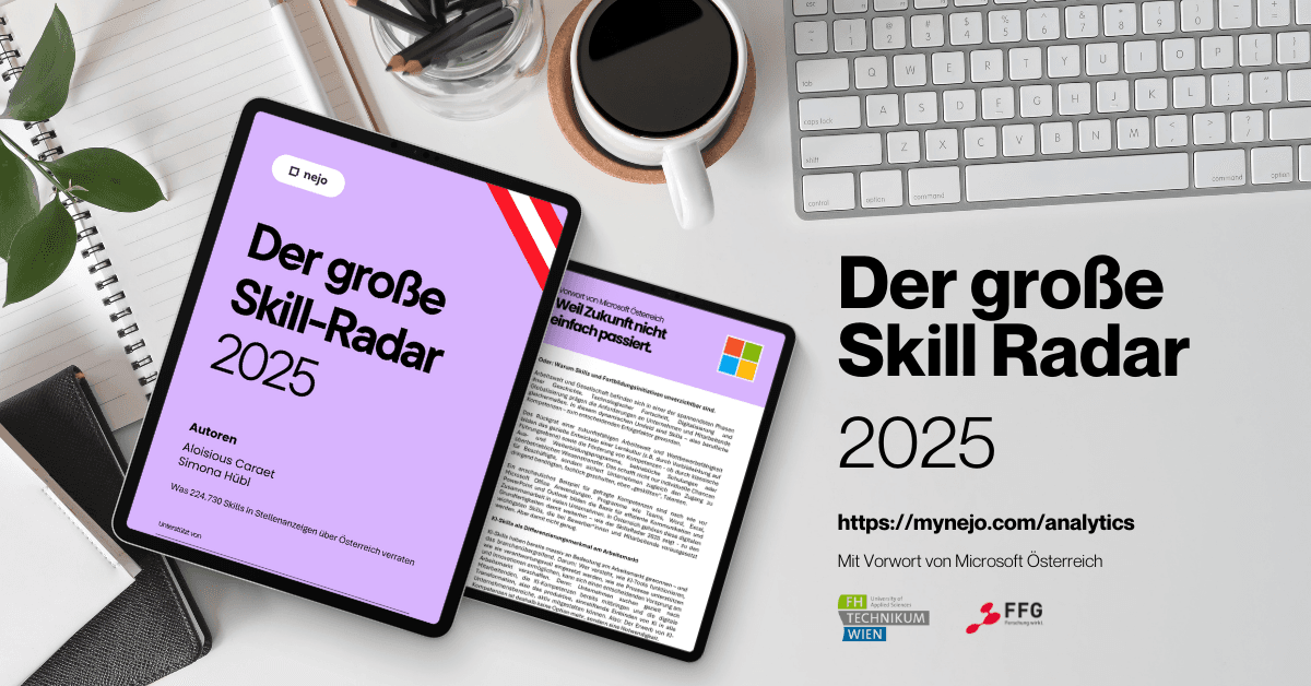 Ein Tablet und ein gedruckter Bericht zeigen Der große Skill-Radar 2025 auf einem Schreibtisch mit einer Tastatur, Kaffee und einem Notizbuch. Der Text auf der rechten Seite bewirbt den Bericht und bietet einen Link zu mynejo.com/analytics.