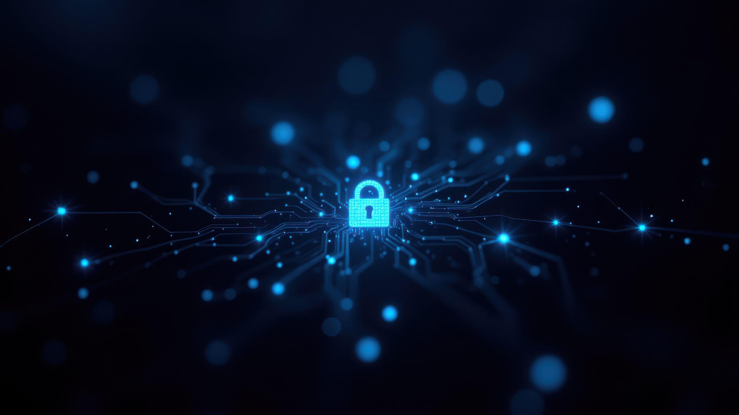 Ein leuchtend blaues Vorhängeschloss-Symbol befindet sich in der Mitte eines dunklen Hintergrunds, umgeben von digitalen Schaltkreisen und hellen Punkten, die für Cybersicherheit und Datenschutz stehen.