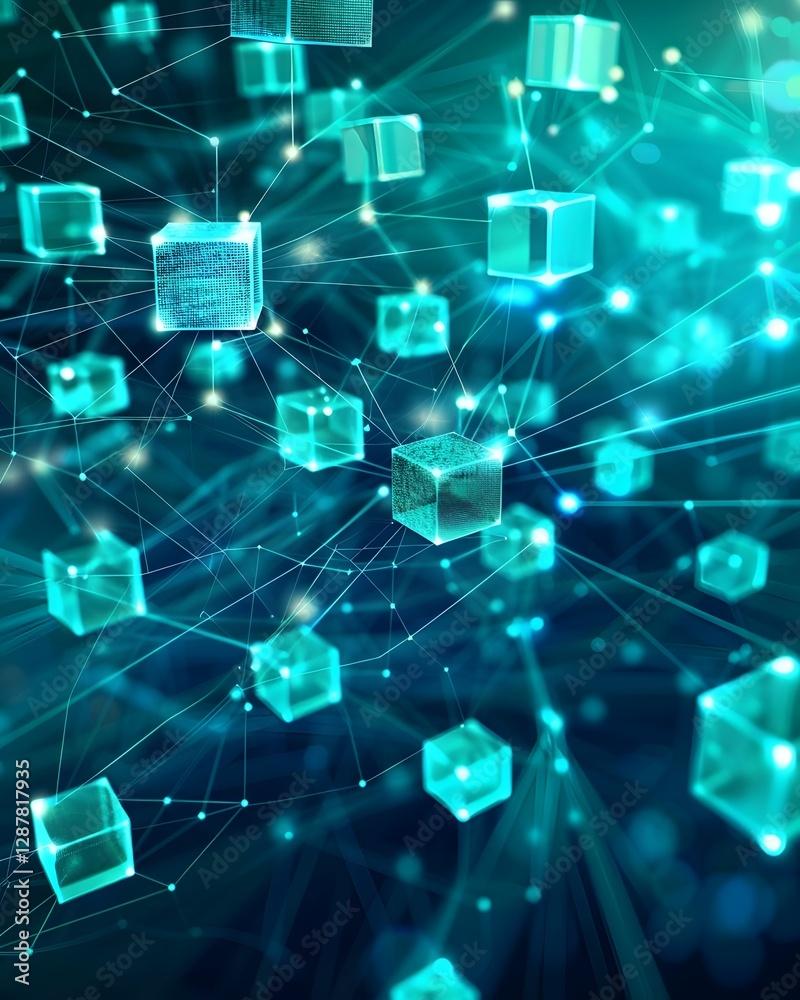 Eine digitale Illustration von leuchtenden, transparenten Würfeln, die durch helle Linien verbunden sind und die Blockchain-Technologie oder ein dezentrales Netzwerk auf einem blauen und blaugrünen abstrakten Hintergrund darstellen.