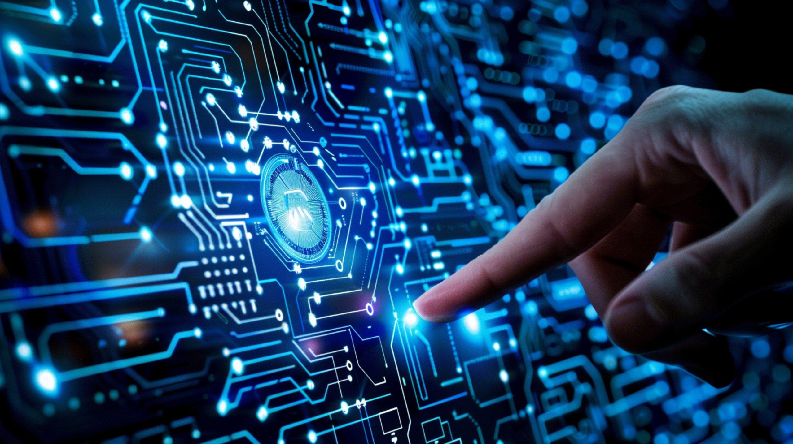 Eine Hand zeigt auf einen leuchtenden Punkt auf einer digitalen Leiterplatte mit blau leuchtenden Linien und elektronischen Komponenten, die fortschrittliche Technologie und Innovation symbolisieren.