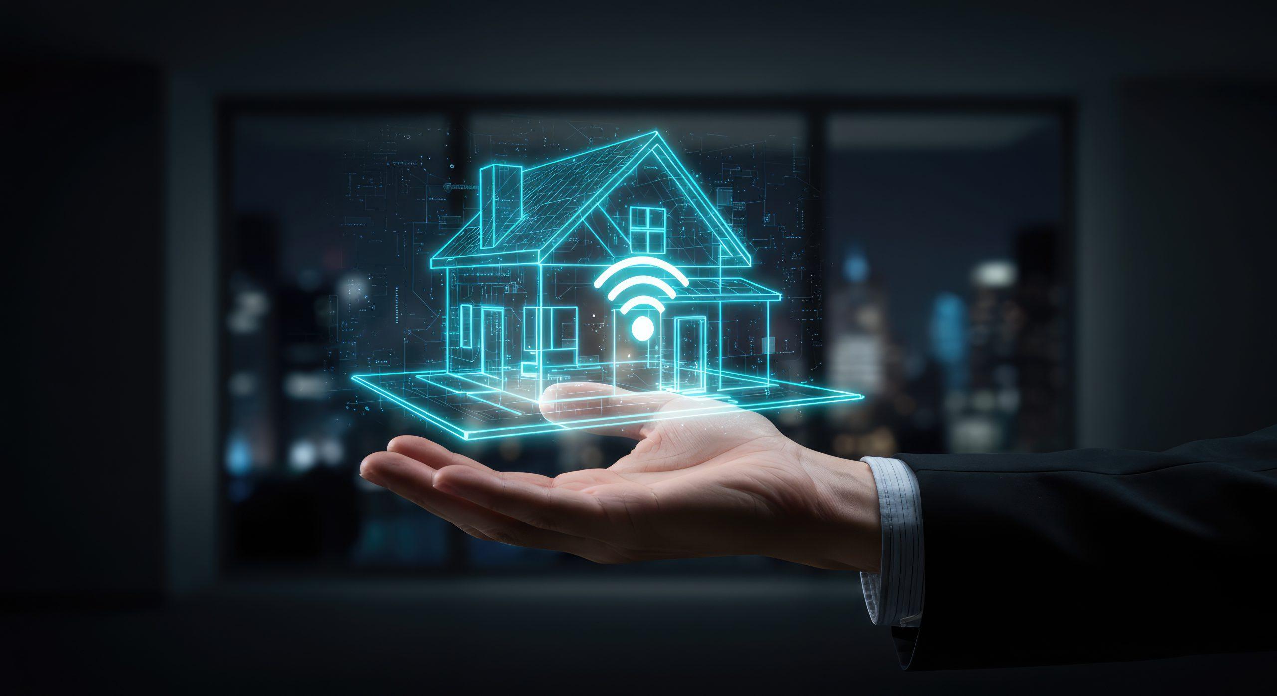 Eine Person hält ein leuchtendes Hologramm eines intelligenten Hauses mit einem Wi-Fi-Symbol in der Hand, vor dem Hintergrund großer Fenster, die eine nächtliche Stadtlandschaft zeigen.