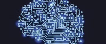 Eine digitale Illustration einer Gehirnform, die aus leuchtenden blauen Leiterplattenlinien und -knoten auf einem dunklen Hintergrund besteht und künstliche Intelligenz und Technologie symbolisiert.