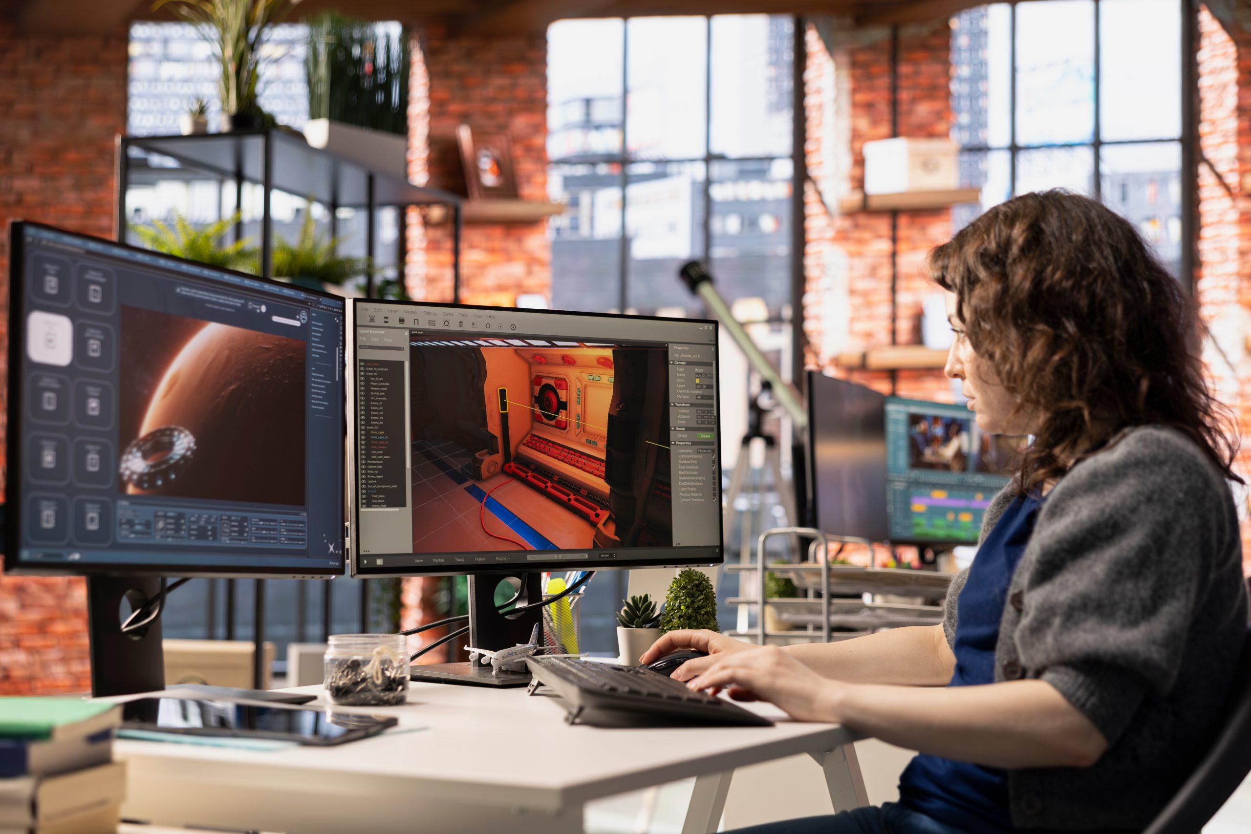 Eine Person sitzt an einem Schreibtisch mit drei Monitoren und arbeitet an einer 3D-Grafik- und Bearbeitungssoftware in einem modernen, sonnendurchfluteten Büro mit großen Fenstern und verschiedenen Grünpflanzen.