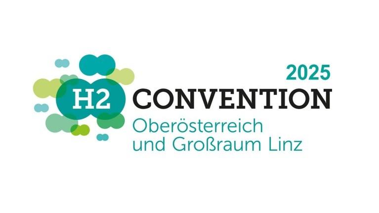 Logo für die H2 Convention 2025 mit grünen und blauen abstrakten Kreisen, die den Text enthalten: H2 CONVENTION 2025 Oberösterreich und Großraum Linz.