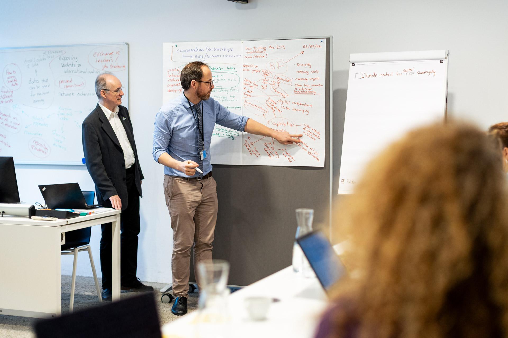 Zwei Männer stehen in der Nähe von Whiteboards, die mit bunten Notizen gefüllt sind, wobei der eine Mann auf die Tafel zeigt, während er den sitzenden Personen etwas präsentiert. Laptops, Papiere und ein großer Notizblock sind im Sitzungssaal zu sehen.