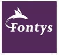 Das Bild zeigt das Logo der Fontys University mit einer weißen stilisierten Grafik und dem Wort Fontys in weißer Schrift auf lila Hintergrund.