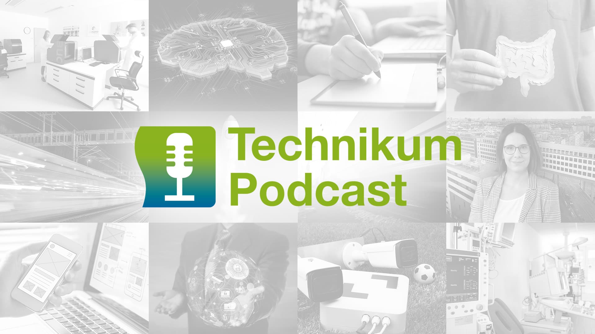 Technikum-Podcast-Logo mit einem Mikrofon-Symbol, zentriert über einer Collage von Bildern aus den Bereichen Technik, Medizin, Verkehr und Wissenschaft im Hintergrund.