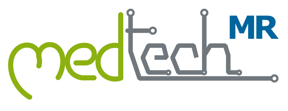Logo mit dem Schriftzug 'medtech MR', wobei 'med' in grüner, abgerundeter Schrift und 'tech' in grau mit einem kreisförmigen Muster dargestellt ist; 'MR' in blauen Großbuchstaben oben rechts.