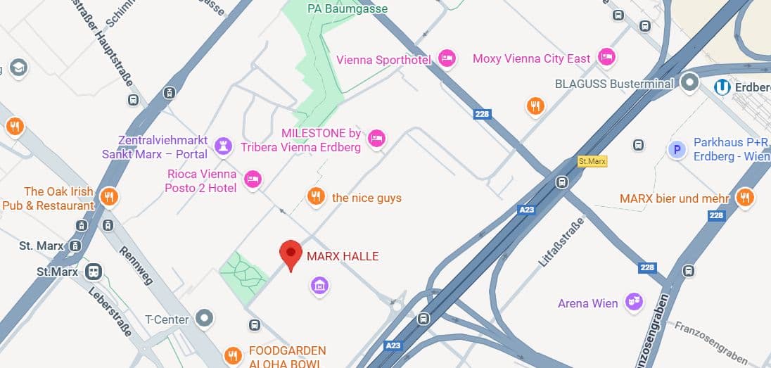 Eine Karte der Umgebung der MARX HALLE in Wien, Österreich, mit nahegelegenen Sehenswürdigkeiten wie Arena Wien, St. Marx, The Oak Irish Pub & Restaurant, und mehreren Hotels und Restaurants. Wichtige Straßen und Straßenbahnlinien sind sichtbar.