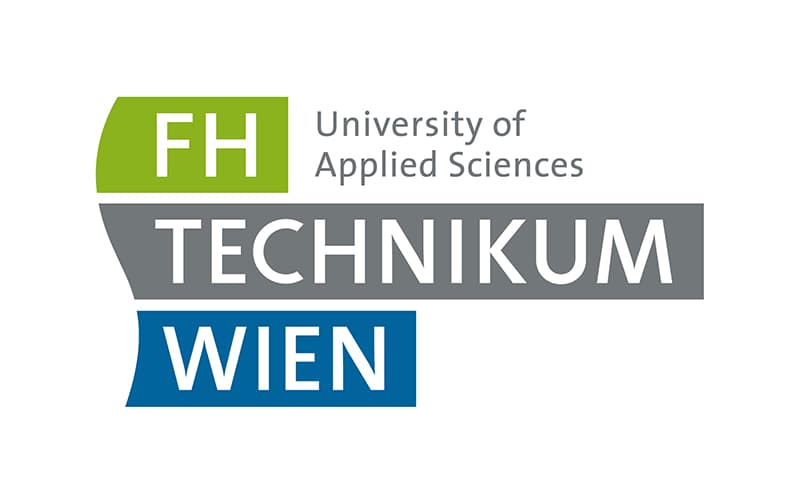 Logo der FH Technikum Wien, Hochschule für angewandte Wissenschaften. Der Text erscheint in Weiß auf grünem, grauem und blauem rechteckigem Hintergrund.