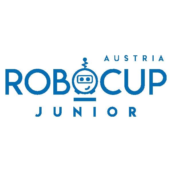 Logo mit dem Text Austria RoboCup Junior in Blau. Das erste O in RoboCup enthält ein stilisiertes Robotergesicht, das das Robotik-Thema der Veranstaltung unterstreicht.