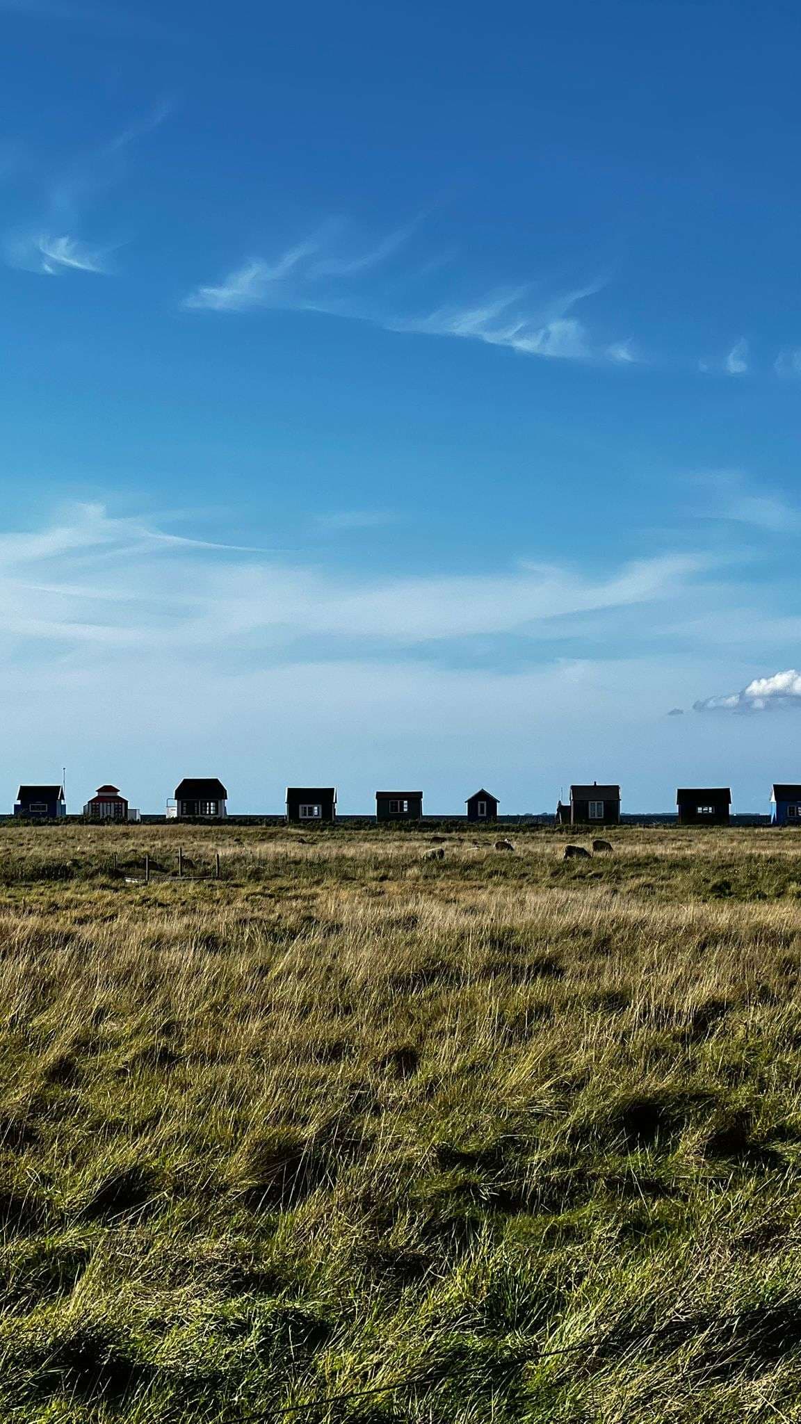 Eine Reihe kleiner, dunkler Häuschen säumt den Horizont unter einem strahlend blauen Himmel, mit Wolkenfetzen darüber und einem weiten, grasbewachsenen Feld im Vordergrund.