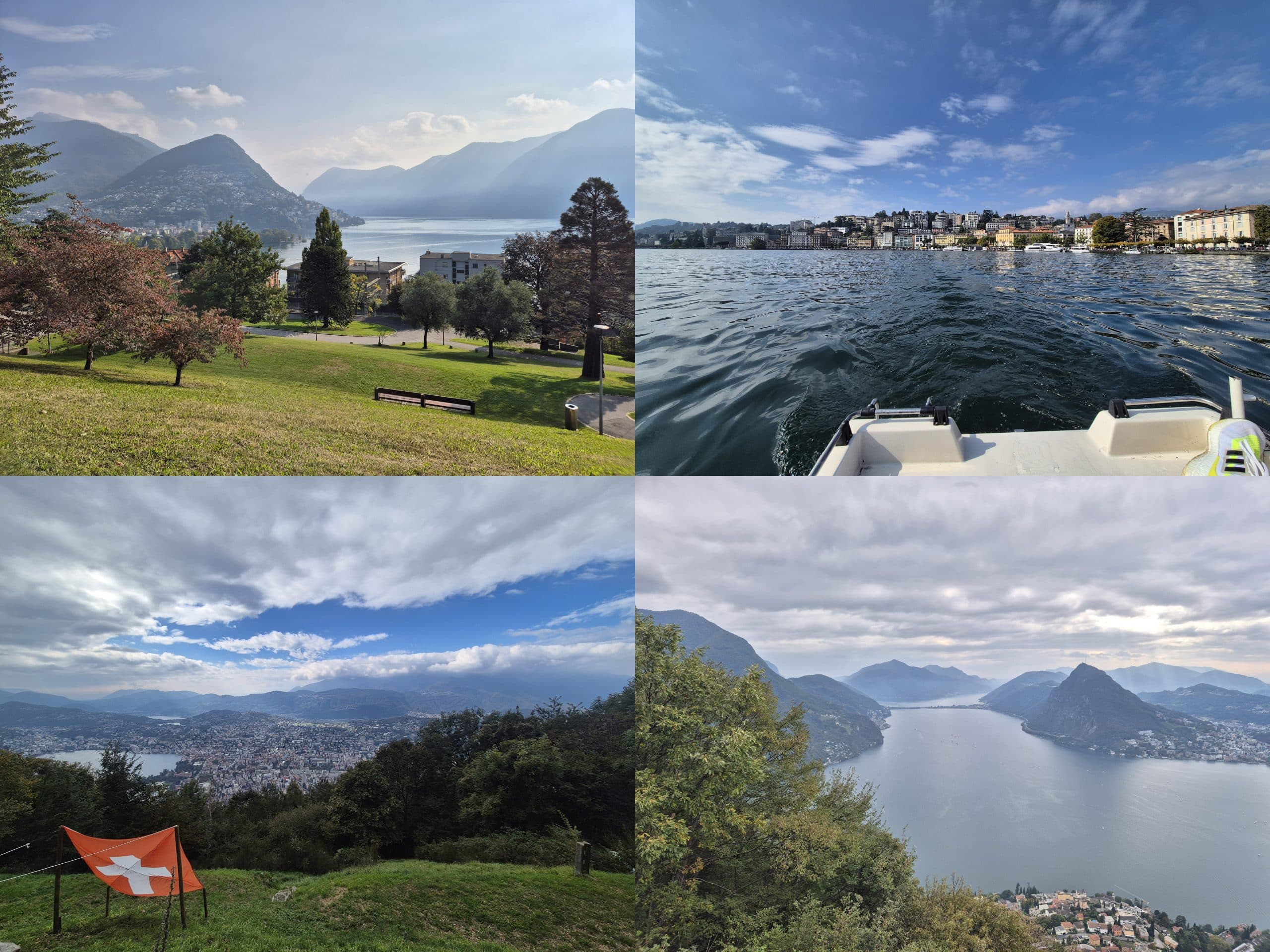 Eine Collage mit vier malerischen Ansichten des Luganer Sees, Schweiz: Park und Berge, See von einem Boot aus, Schweizer Flagge auf einem Hügel und Panoramablick auf den von Bergen umgebenen See bei teilweise bewölktem Himmel.