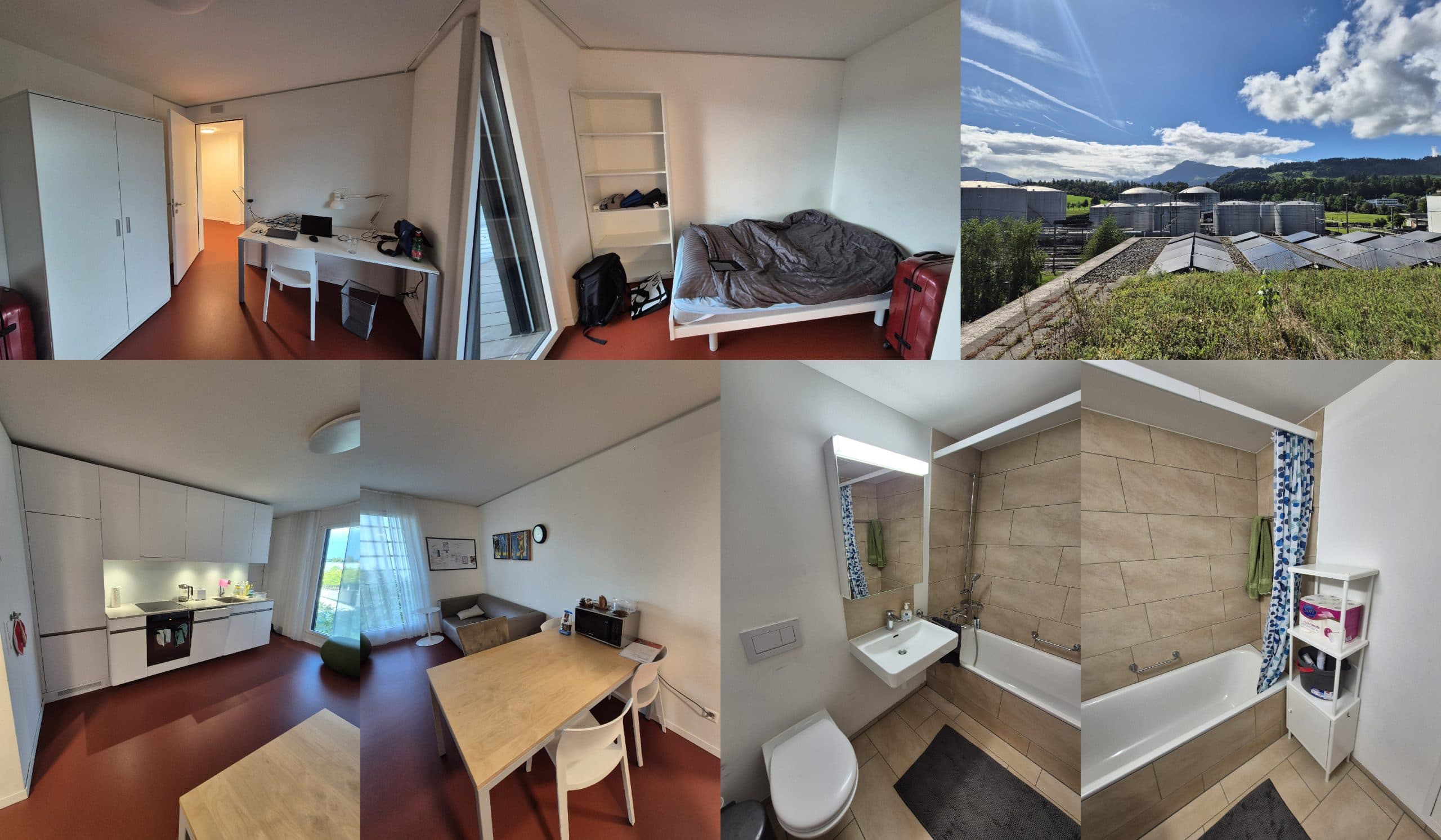 Eine Collage aus sechs Fotos zeigt ein modernes Wohnheimzimmer: ein Schlafzimmer mit Bett und Schreibtisch, einen Blick nach draußen mit Sonnenkollektoren, eine Küche, einen Essbereich, ein Badezimmer mit Badewanne und einen Flur mit Garderobe.