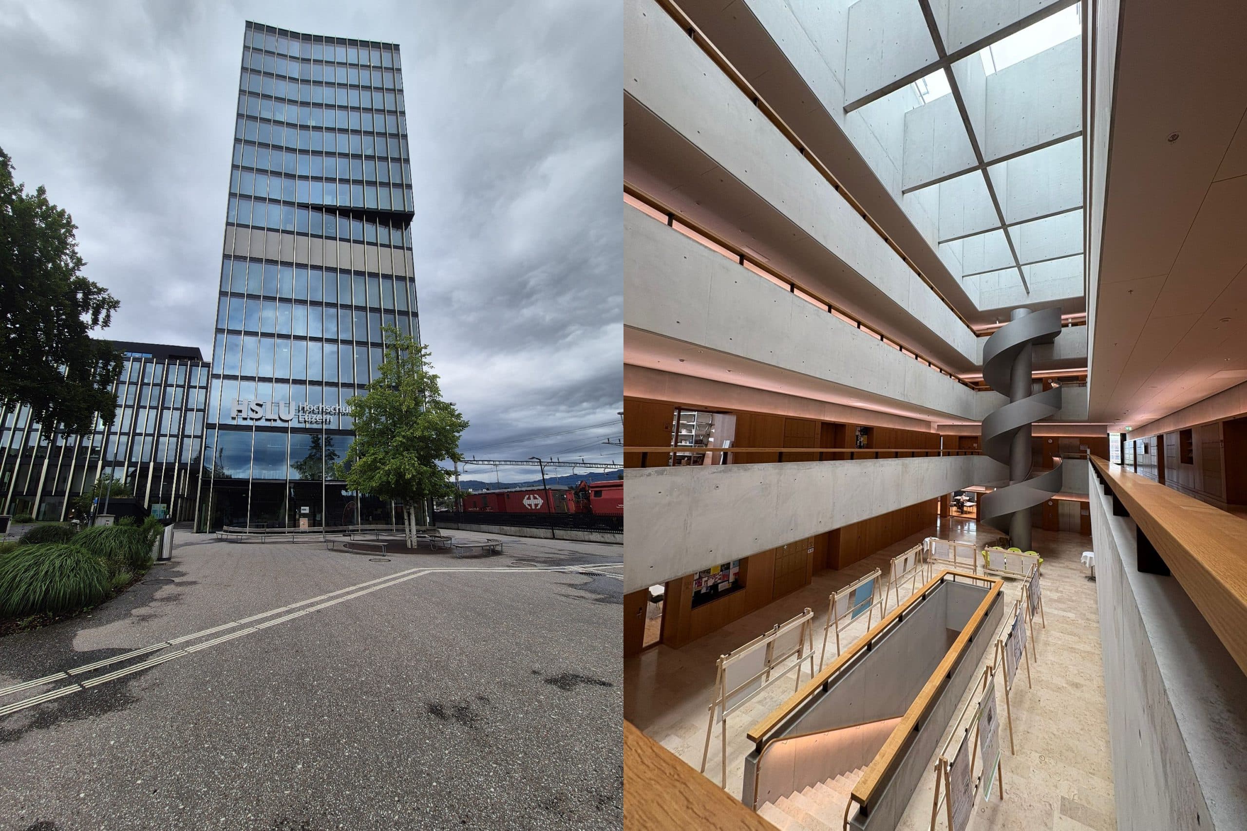 Geteiltes Bild: Die linke Seite zeigt die moderne Glasfassade des Hauptgebäudes der Aalto-Universität; die rechte Seite zeigt das mehrstöckige Innere mit Oberlichtern, Betonwänden und Treppenhäusern im Inneren des Gebäudes.