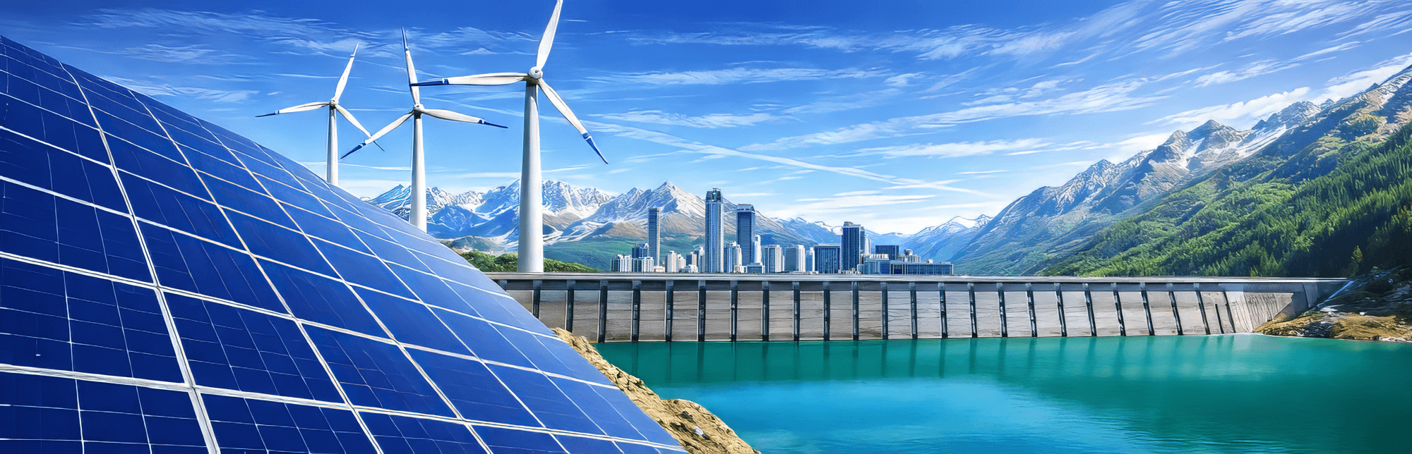 Sonnenkollektoren, Windturbinen und ein Wasserkraftwerk befinden sich vor einer Kulisse aus Bergen und einer modernen Stadtsilhouette, die von einem klaren blauen Himmel und einem türkisfarbenen Stausee umgeben ist.