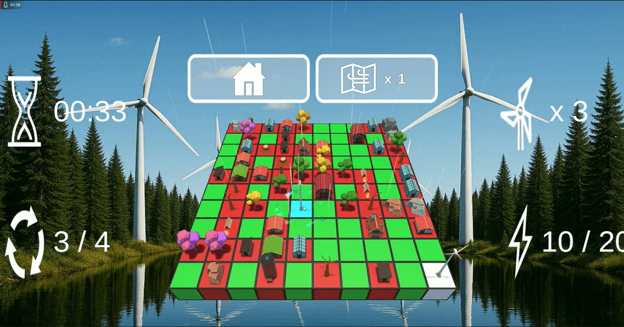 Ein digitales 3D-Spielbrett mit farbigen Kacheln, Bäumen und Gebäuden wird von einem See mit Windrädern und Kiefern überlagert. Über dem Spielbrett erscheinen Spielsymbole und Statistiken wie ein Timer und eine Energieanzeige.