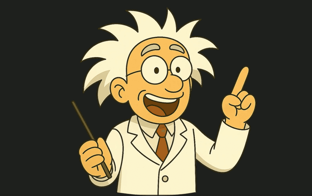 Ein Cartoon-Wissenschaftler mit wilden weißen Haaren, Brille und weißem Laborkittel lächelt begeistert, während er einen Zeigestock hält und einen Finger hebt, als würde er etwas erklären oder lehren.