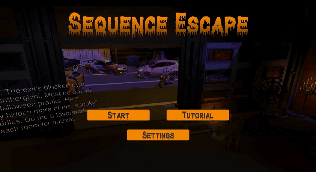 Spielmenübildschirm für Sequence Escape mit einer Straßenszene mit Autos draußen und drei orangefarbenen Tasten mit der Aufschrift Start, Tutorial und Einstellungen. Der Text auf der linken Seite beschreibt das gespenstische Escape-Room-Thema des Spiels.