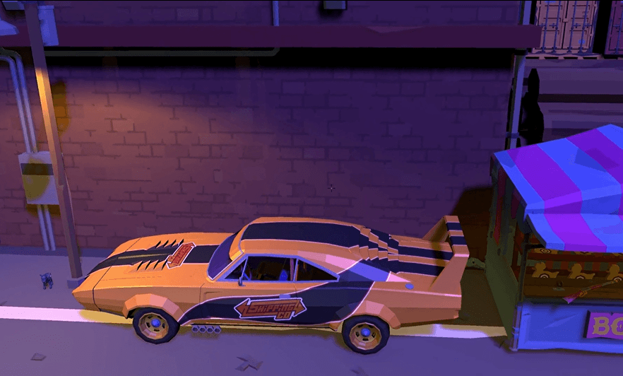 Ein orange-schwarzer Sportwagen ist nachts auf einer Straße unter einer Straßenlaterne geparkt, neben einem bunten, teilweise sichtbaren Food Truck mit der Aufschrift BOK. Im Hintergrund sind eine Backsteinmauer und ein Gehweg zu sehen.