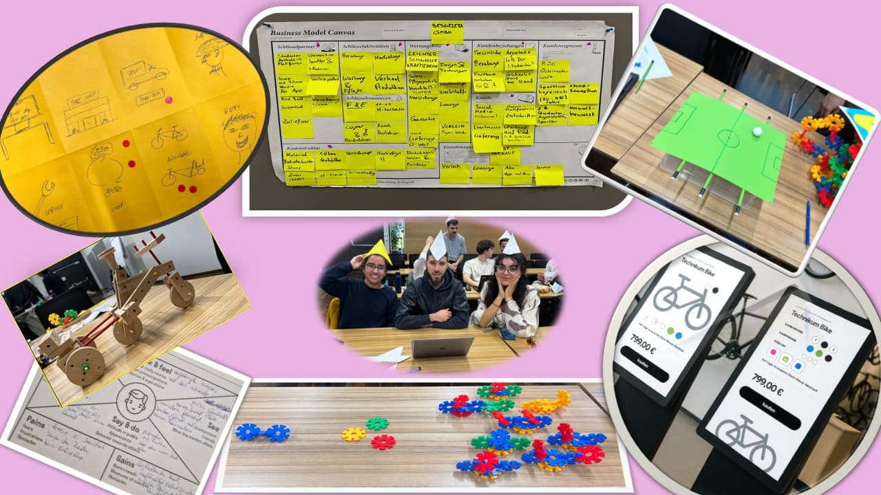 Eine Collage auf rosa Hintergrund zeigt Skizzen, Haftnotizen auf einer Geschäftsmodell-Leinwand, Prototyp-Modelle aus Stöcken und Rädern, App-Mockups mit einem Fahrrad, bunte Zahnräder und eine Gruppe von drei Personen, die an einem Tisch lächeln.