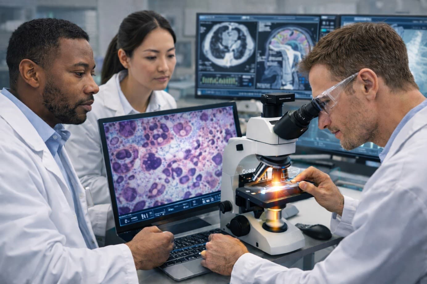 Drei Wissenschaftler in Laborkitteln untersuchen einen Objektträger, wobei einer durch das Mikroskop schaut und zwei beobachten. Auf Computermonitoren werden im Hintergrund Zellbilder und medizinische Scans angezeigt.