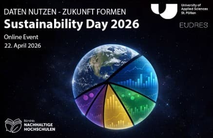 Veranstaltungsplakat für den Tag der Nachhaltigkeit 2026 mit einer in bunte Kartensegmente unterteilten Weltkugel, mit Veranstaltungshinweisen und Logos der Fachhochschule St. Pölten, EUDRES und des Bündnisses Nachhaltige Hochschulen.