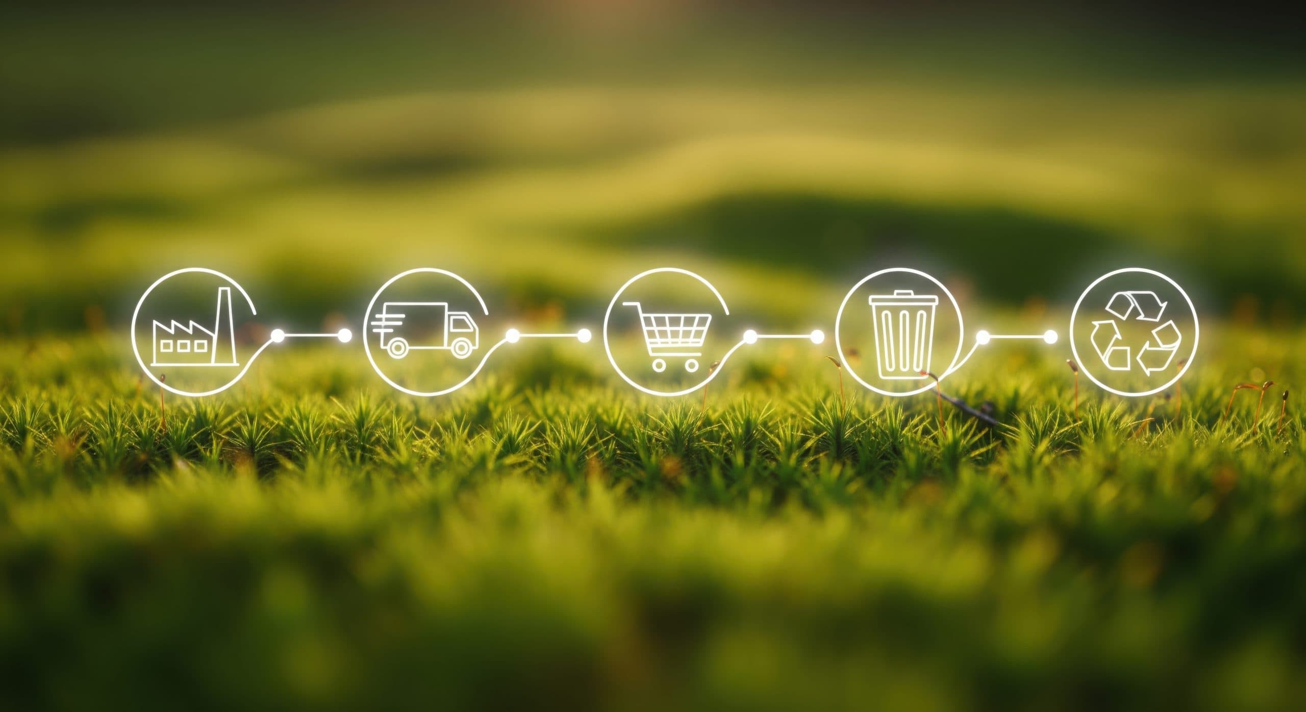 Weiße Liniensymbole einer Fabrik, eines Lieferwagens, eines Einkaufswagens, eines Mülleimers und eines Recyclingsymbols, die in einer Sequenz verbunden sind, über einem verschwommenen grünen natürlichen Hintergrund, der eine umweltfreundliche Lieferkette darstellt.