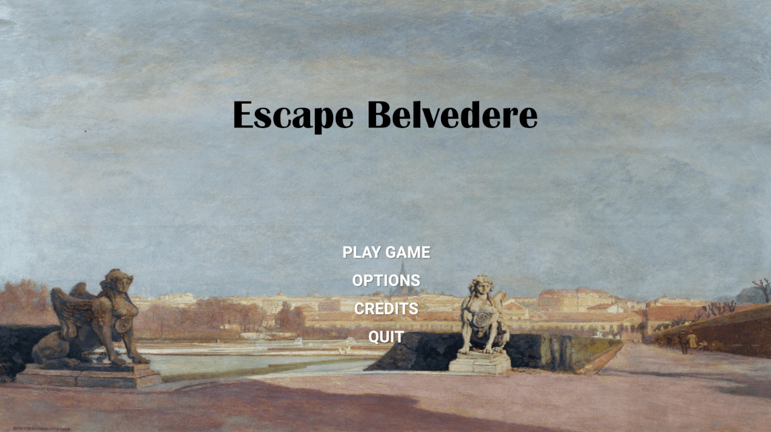 Das Menü eines Videospiels mit dem Titel Escape Belvedere wird von einem Bild eines großen Gartens mit Statuen, Wegen und weit entfernten Gebäuden überlagert. Zu den Menüoptionen gehören Play Game, Options, Credits und Quit.