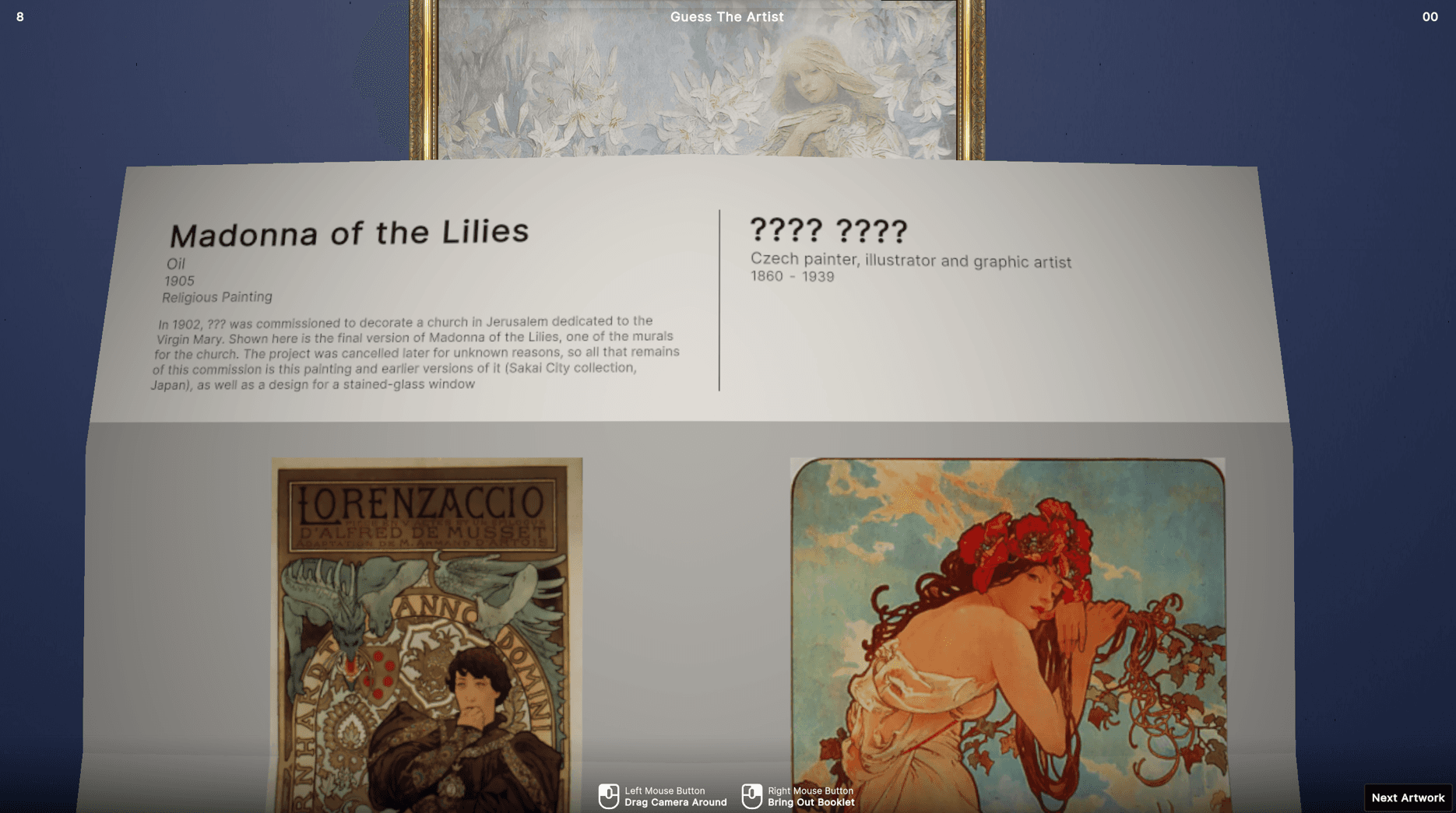 Eine museale Ausstellung zeigt die Lilienmadonna, ein religiöses Gemälde eines ungenannten tschechischen Künstlers aus dem Jahr 1905. Darunter befinden sich kunstvolle Illustrationen: eine mit dem Titel LORENZACCIO und eine andere, die eine Frau mit Blumen im Haar zeigt.