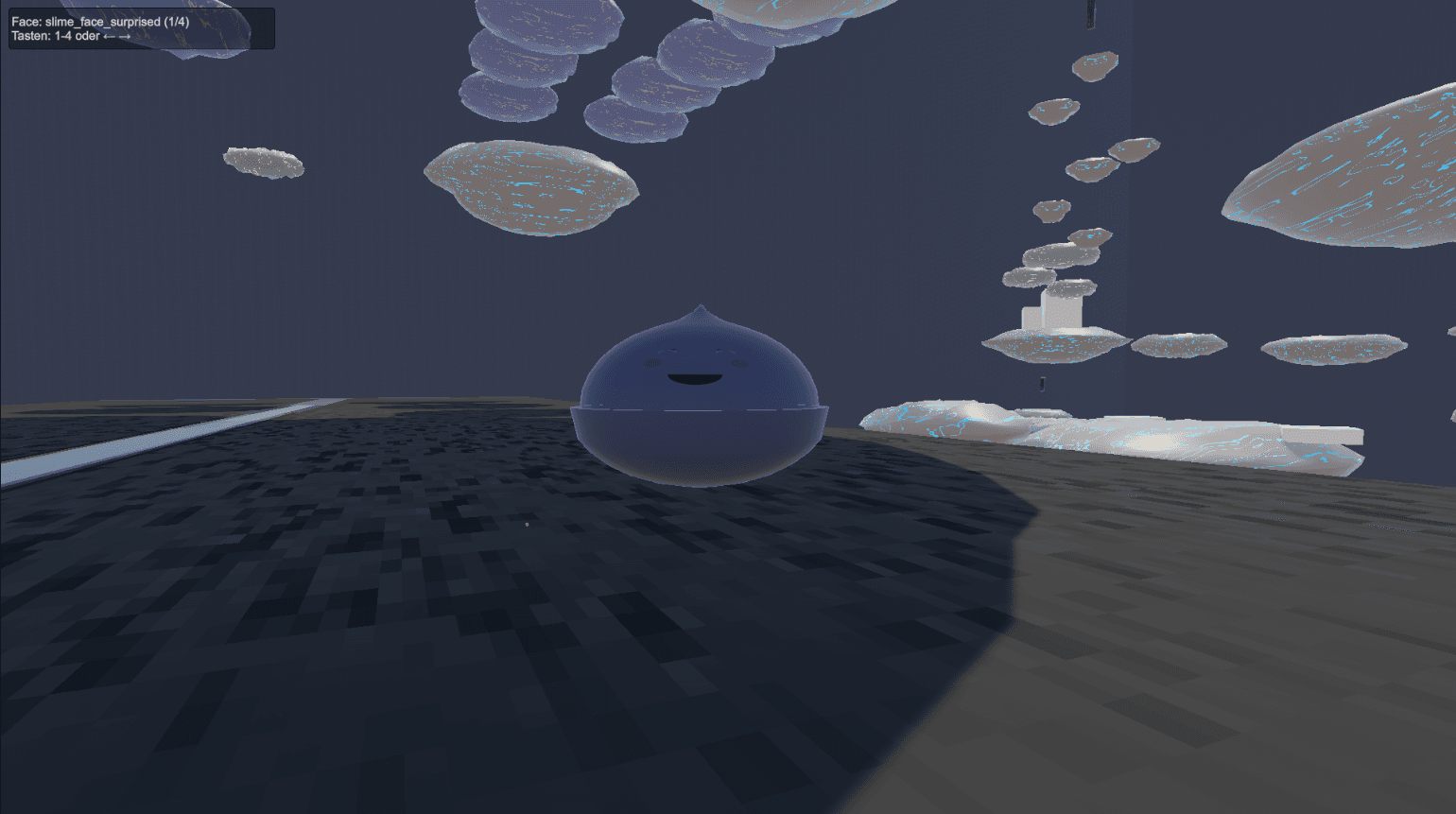 Eine runde, blaue, lächelnde Schleimfigur schwebt über einer verpixelten schwarzen Straße mit darüber schwebenden Wolken in einer digitalen, Low-Poly-3D-Umgebung. Der Hintergrund ist dunkel mit einer surrealen, spielähnlichen Atmosphäre.