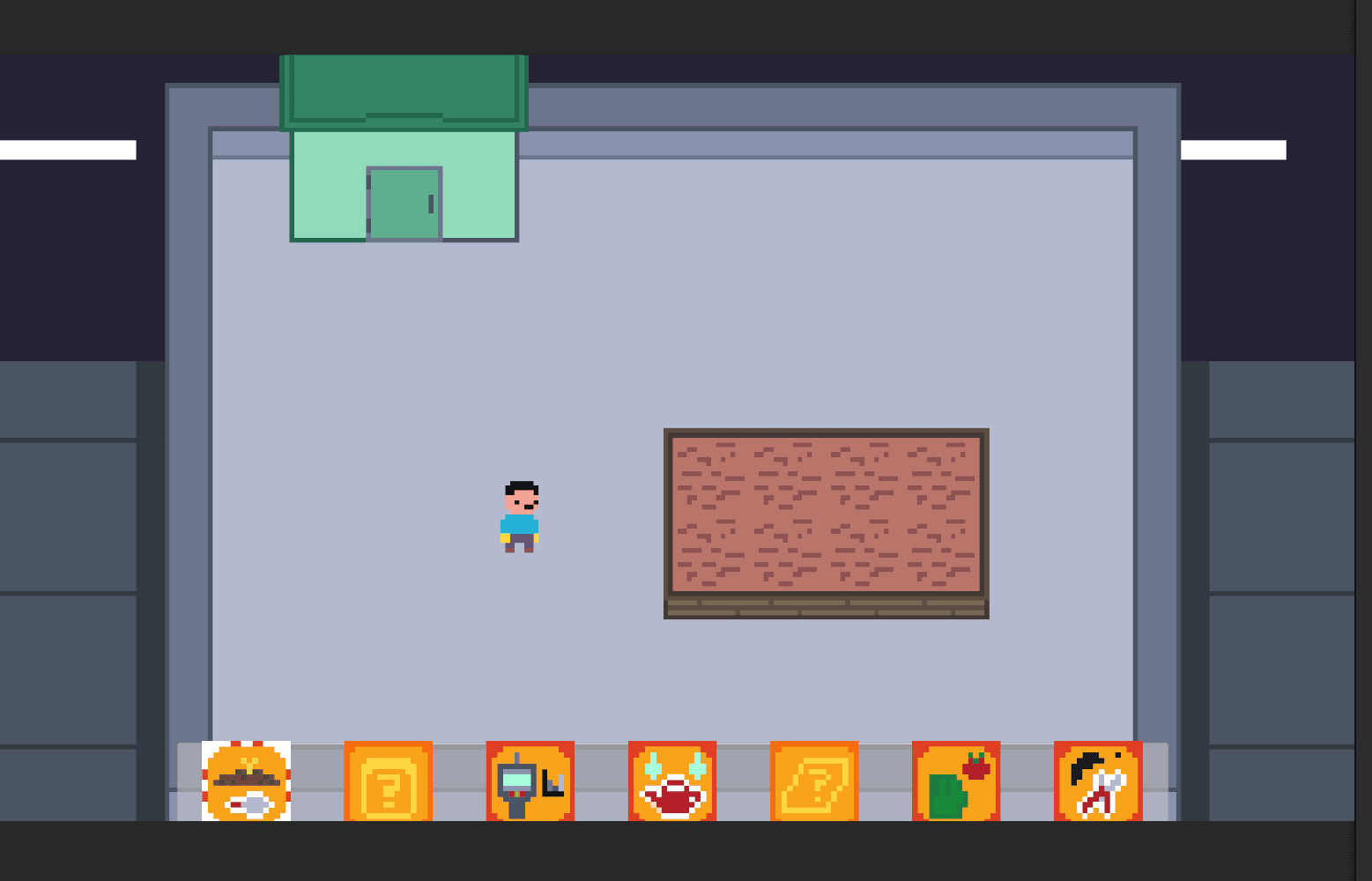 Eine Pixel-Art-Figur steht in einem leeren Raum mit einem braunen rechteckigen Objekt in der Mitte. Am unteren Rand sind sechs orangefarbene Symbole zu sehen, die verschiedene Werkzeuge, Objekte und eine Krone darstellen.