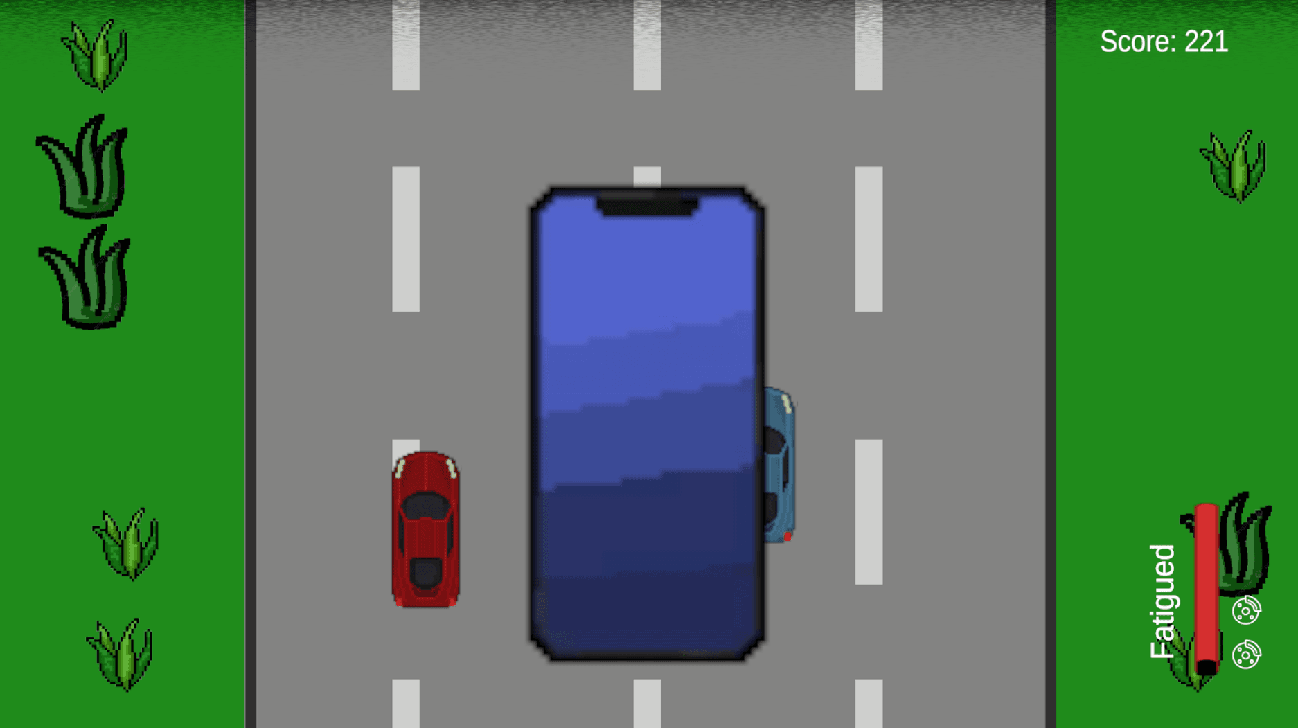 Ein Spielbildschirm im Pixel-Art-Stil zeigt eine Straße mit drei Fahrspuren, zwei Autos (eines rot, eines blau) und ein großes Smartphone in der Mitte. In den Seitenleisten werden Pflanzensymbole, eine Ermüdungsanzeige und eine Punktzahl von 221 in der oberen rechten Ecke angezeigt.