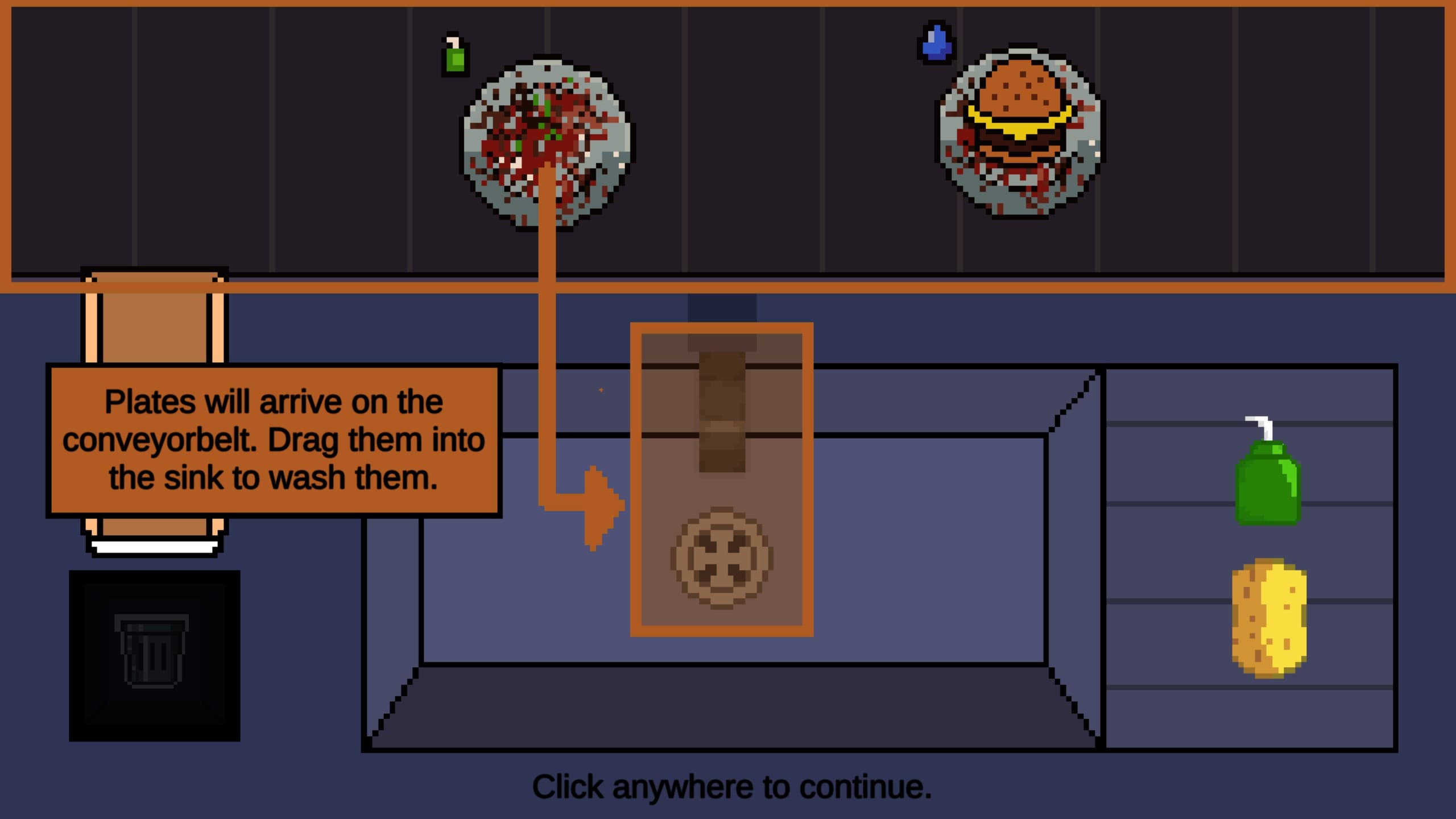 Ein Pixelkunst-Spielbildschirm zeigt schmutzige Teller auf einem Förderband über einem Waschbecken. Ein orangefarbener Kasten mit einem Pfeil zeigt auf das Waschbecken, und der Text weist darauf hin, die Teller dorthin zu ziehen, um sie zu waschen. Seife und Schwamm liegen neben dem Waschbecken.