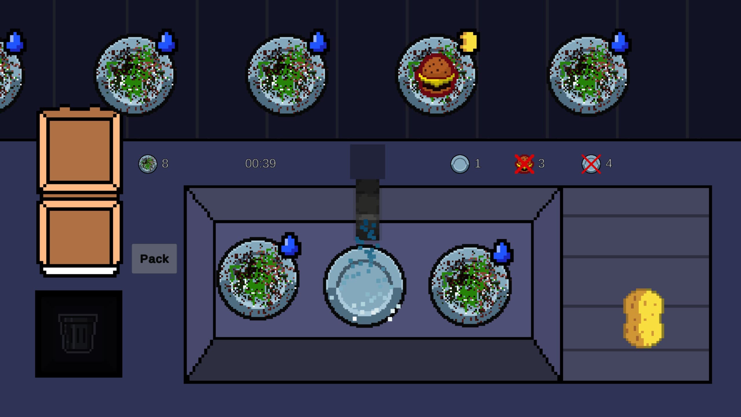 Eine Pixelkunst-Küchenspielszene, die schmutzige Teller mit Essensresten zeigt, einen mit einem Burger, auf einem Fließband. Ein sauberer Teller befindet sich im Waschbereich darunter, und ein Schwamm liegt auf der rechten Seite des Bildschirms.