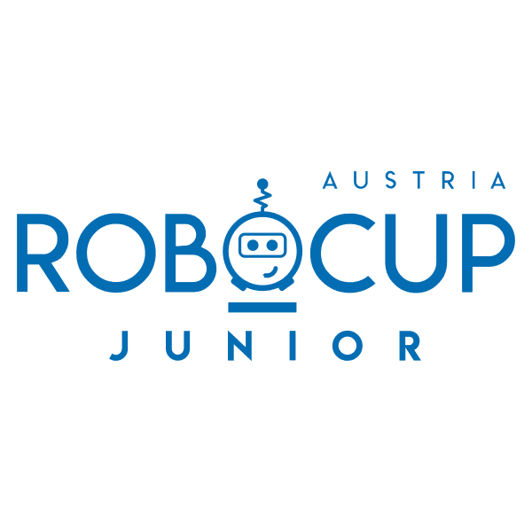RoboCup Junior Austria Logo mit blauem Text und einem Robotergesicht innerhalb des Buchstaben O in ROBOCUP auf hellem Hintergrund.