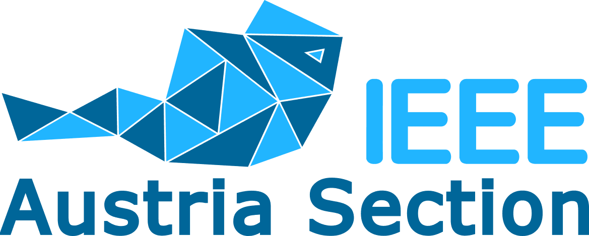 Geometrisches blaues Fischlogo neben dem Text IEEE Austria Section in blauen Buchstaben auf weißem Hintergrund.