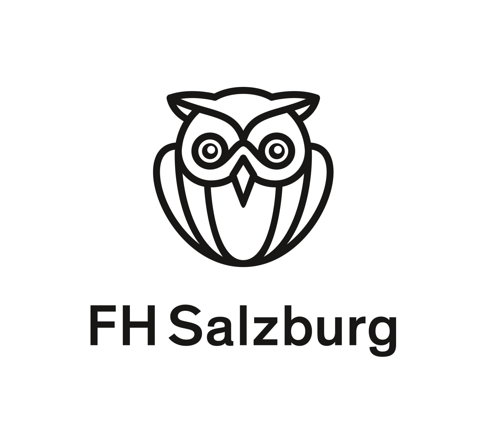 Ein einfacher schwarzer Umriss einer Eule über dem Text FH Salzburg auf weißem Hintergrund. Die Eule erscheint stilisiert und symmetrisch und stellt das Logo der FH Salzburg dar.