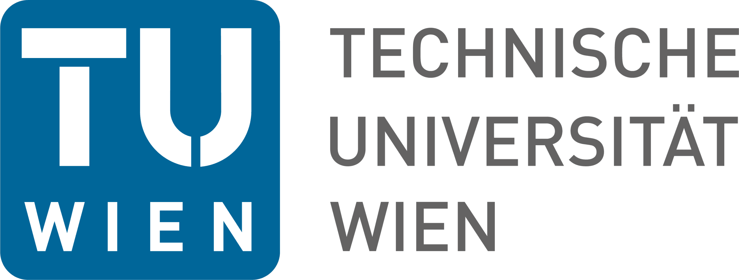 Logo der Technischen Universität Wien mit der TU Wien in weißer Farbe auf einem blauen Quadrat und der Technischen Universität Wien in grauer Schrift rechts daneben.