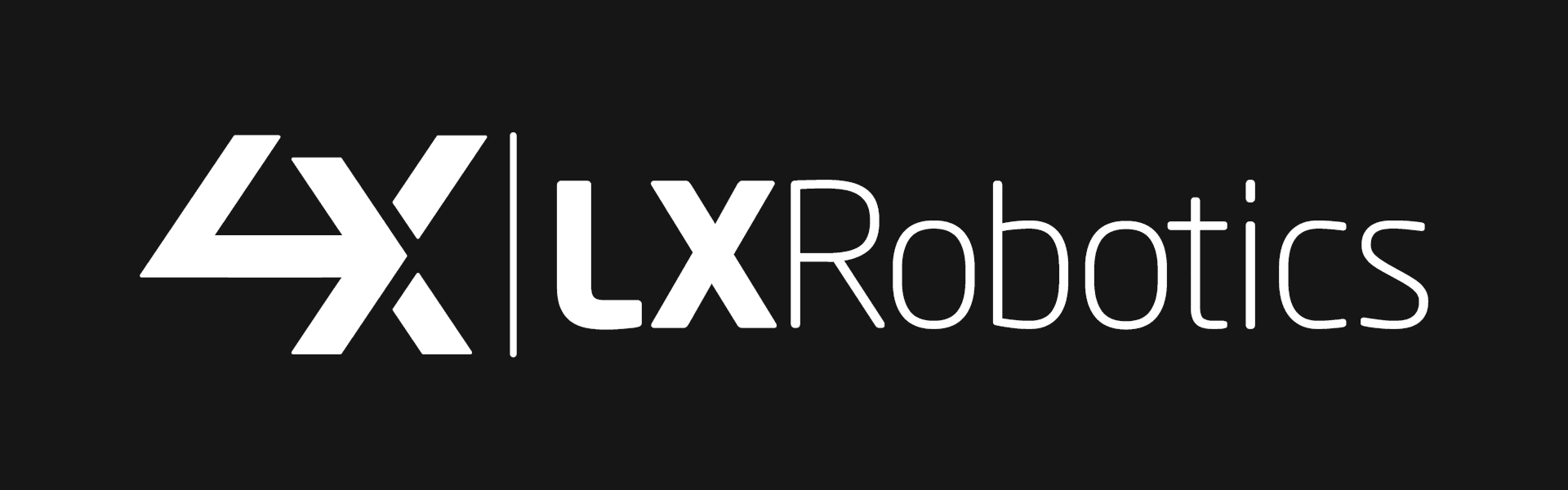 Weißes LX Robotics-Logo auf schwarzem Hintergrund, mit einem stilisierten LX auf der linken Seite, das durch eine vertikale Linie vom Text LXRobotics in moderner Schrift auf der rechten Seite getrennt ist.