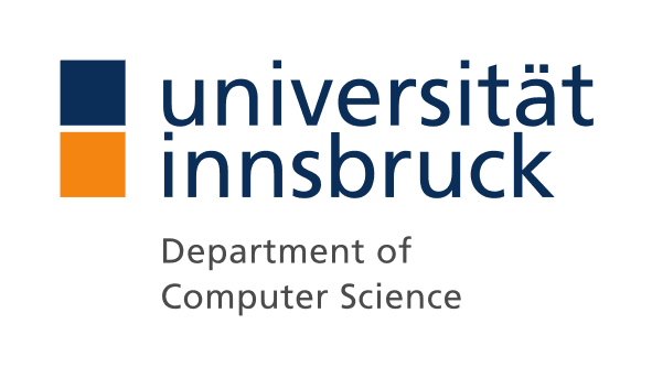 Logo der Universität Innsbruck mit zwei Quadraten (eines blau, eines orange) auf der linken Seite und dem Text universität innsbruck und Department für Informatik auf der rechten Seite.