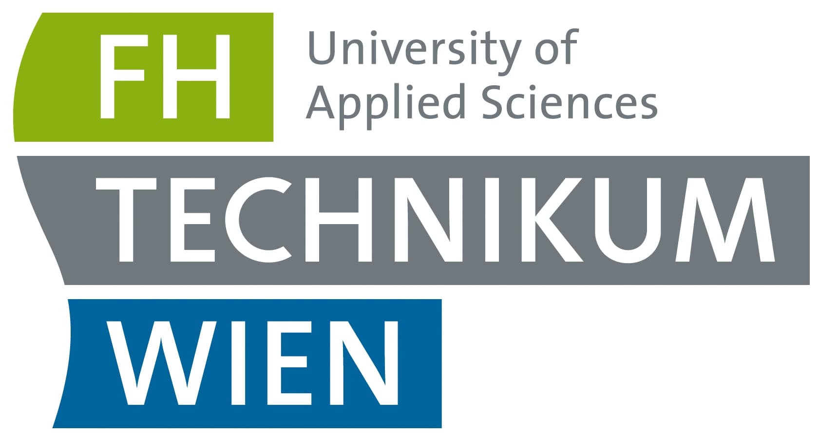 Logo der FH Technikum Wien, Hochschule für angewandte Wissenschaften. Das Design zeigt den Text 'FH' in einem grünen Kasten, mit 'Technikum Wien' in fetten weißen Buchstaben auf grauem und blauem Hintergrund.