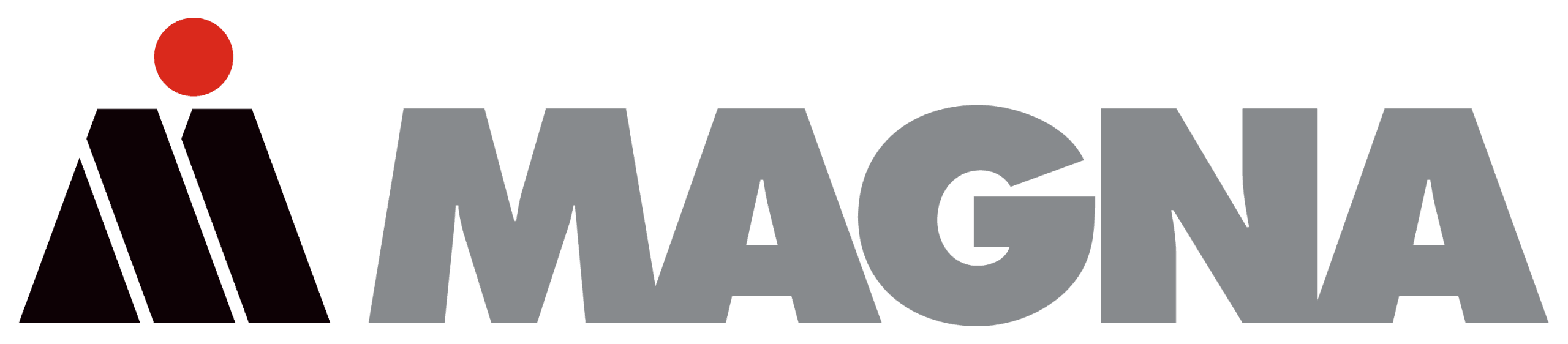 Das Bild zeigt das MAGNA-Logo mit einem stilisierten schwarzen M mit einem roten Punkt über der linken Seite, gefolgt von dem Wort MAGNA in fetten grauen Großbuchstaben.