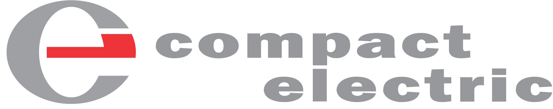 Logo für compact electric mit einem stilisierten grauen Kleinbuchstaben e mit einem roten Querstrich, gefolgt von den Worten compact electric in grauen Kleinbuchstaben.
